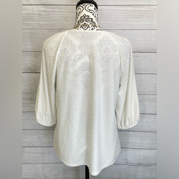 W5 | Women’s White Swiss Dot V-Neck 3/4 Sleeve Button Down Blouse - Picture 3 of 7